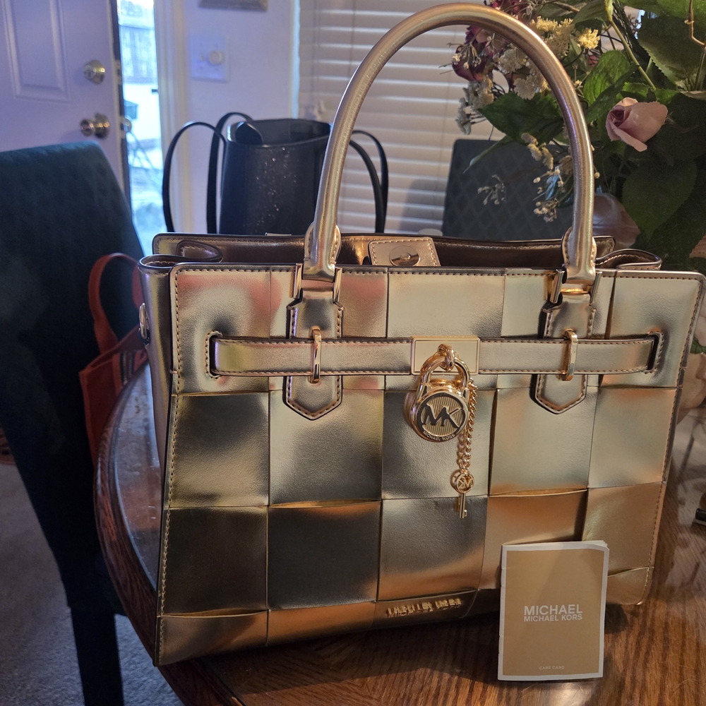 Michael Kors Rose Gold Quilted Checker Satchel
